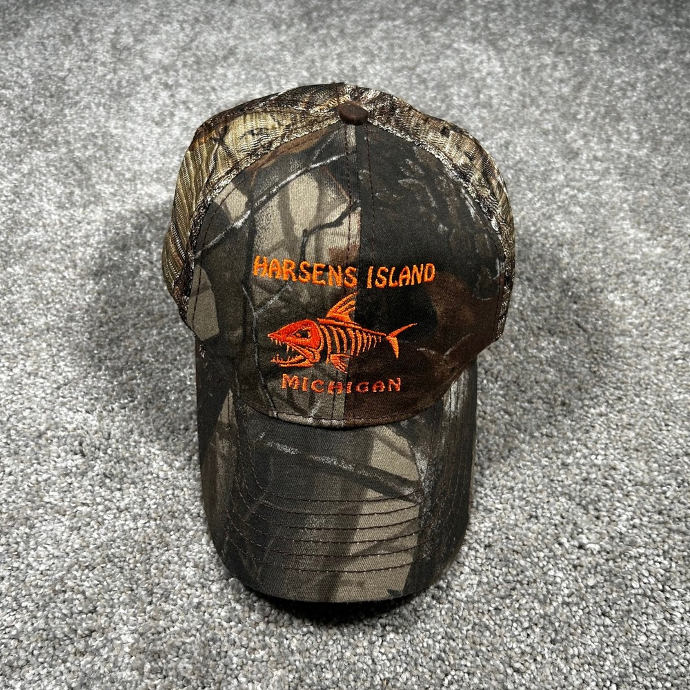 Harsens Island Michigan Camo Trucker Hat Orange Piranha Fish Skeleton Snapback